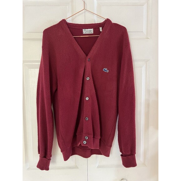 Izod Lacoste Vintage Acrylic Cardigan Red Knit Button Up Maroon Red Mens Size M - Picture 1 of 5